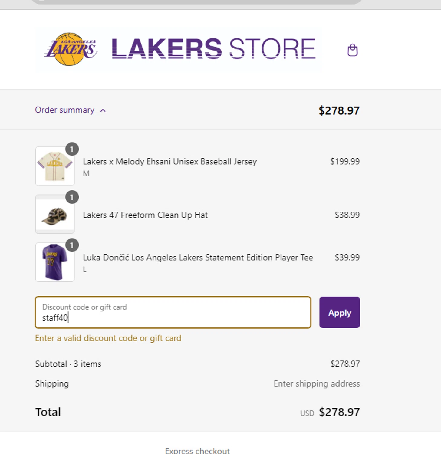 Lakers Store discount code screenshot showing code staff40 applied at Lakers Store checkout page. Uploaded by SimplyCodes community member WonderExpert2552 on Feb 14, 2025