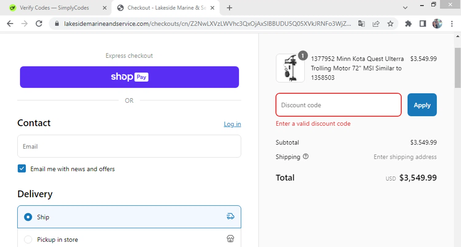 Lakeside Marine & Service promo code screenshot showing code SAVE20 applied at Lakeside Marine & Service checkout page. Uploaded by SimplyCodes community member ShieldWhiz4659 on Mar 14, 2025