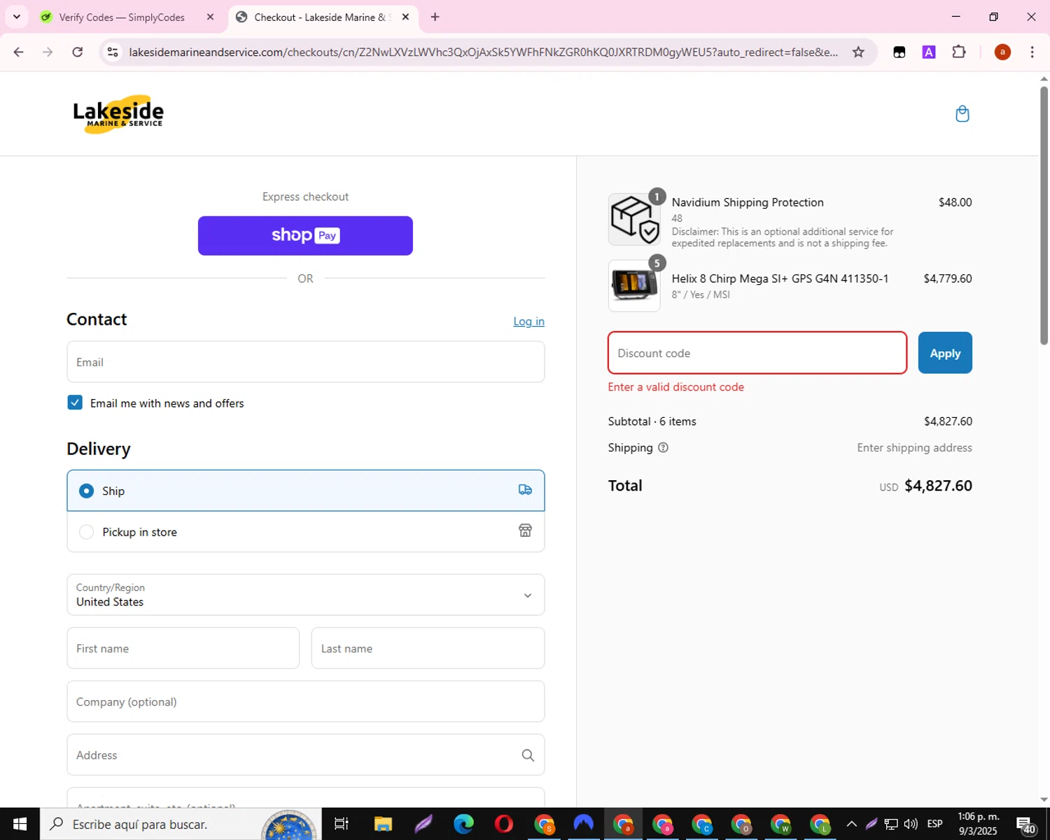 Lakeside Marine & Service promo code screenshot showing code SAVE20 applied at Lakeside Marine & Service checkout page. Uploaded by SimplyCodes community member PrimePro2711 on Mar 9, 2025