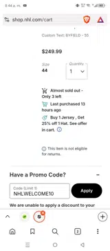 NHLWELCOME10 coupon verification screenshot