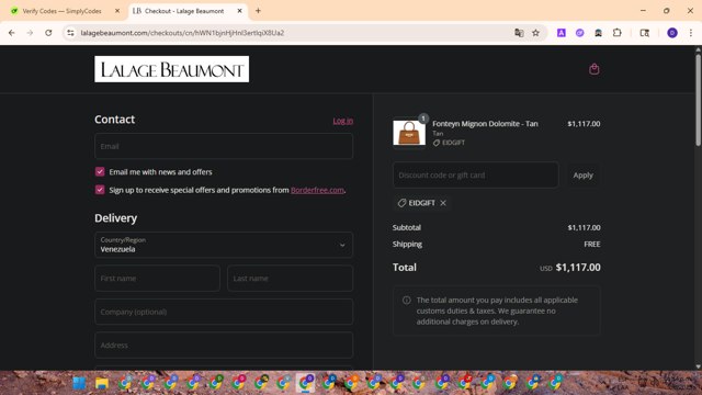 Lalage Beaumont checkout page showing Lalage Beaumont discount code box | Screenshot taken by SimplyCodes community member on Aug 9, 2025