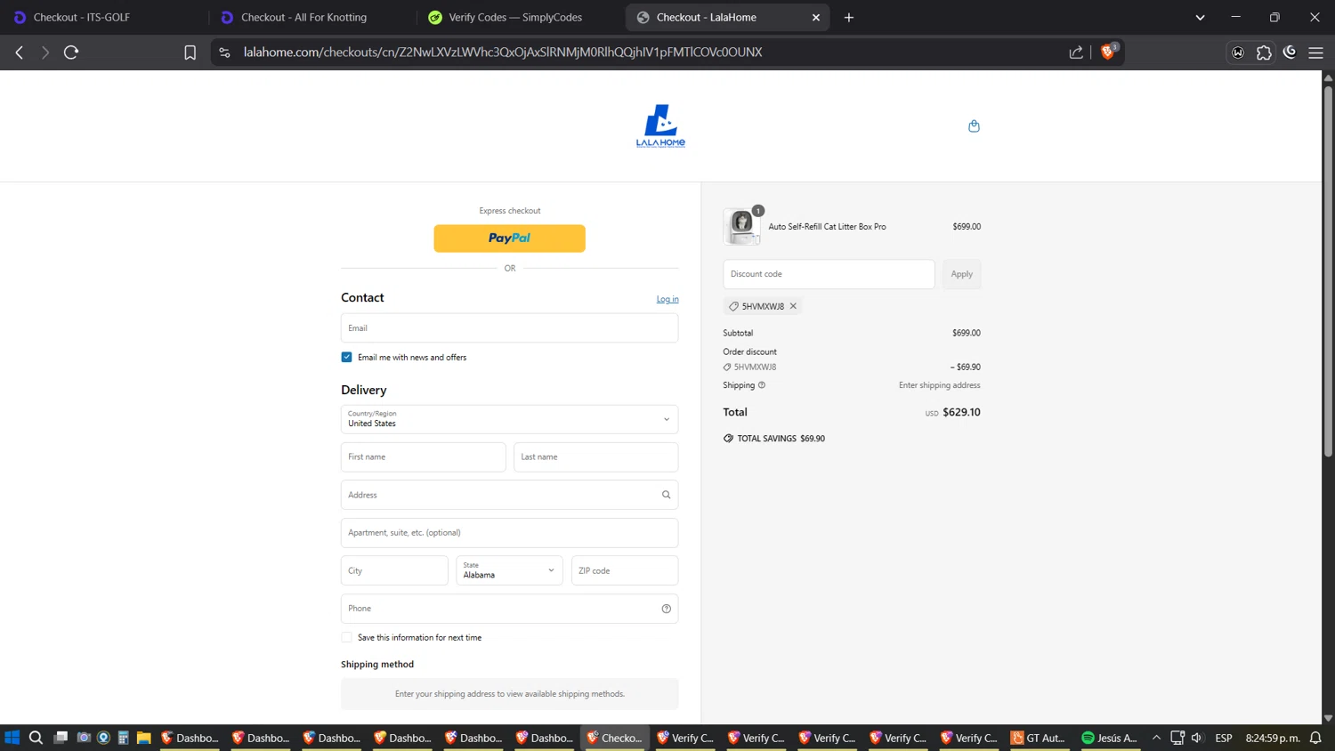 LALA HOME promo code screenshot showing code 5HVMXWJ8 applied at LALA HOME checkout page. Uploaded by SimplyCodes community member Shizuku on May 7, 2025