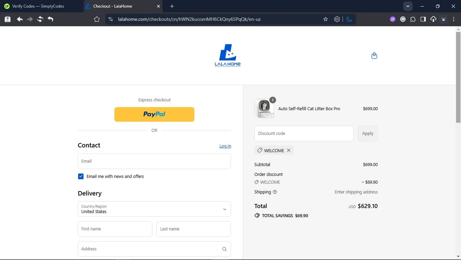 LALA HOME promo code screenshot showing code Welcome applied at LALA HOME checkout page. Uploaded by SimplyCodes community member LegendaryCollector6259 on Sep 8, 2025
