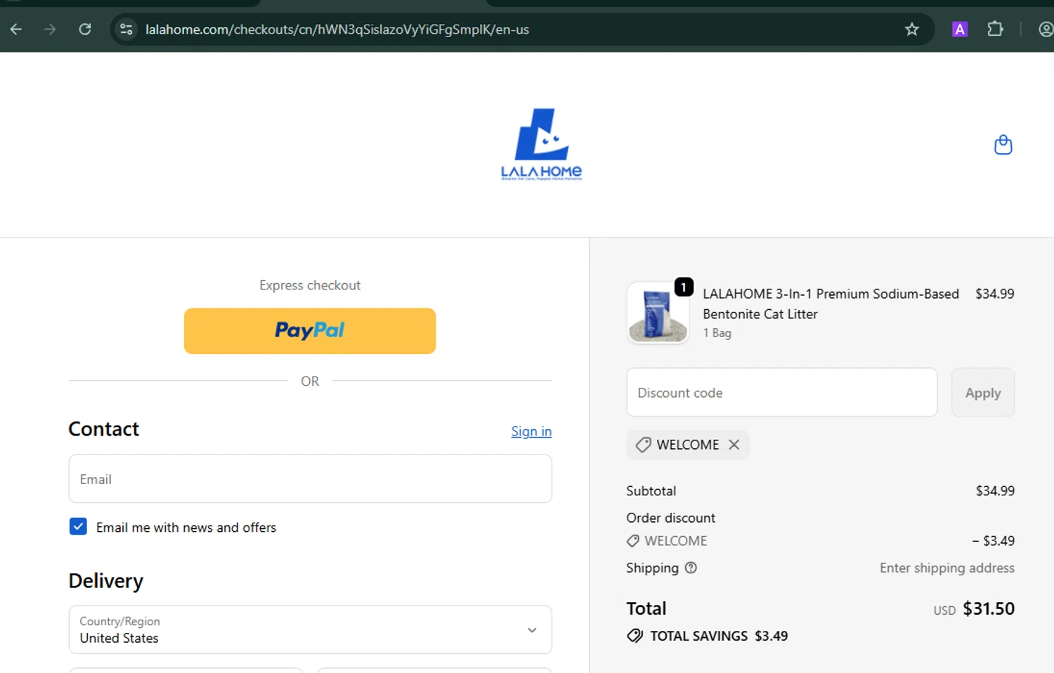 LALA HOME promo code screenshot showing code Welcome applied at LALA HOME checkout page. Uploaded by SimplyCodes community member Marysan on Oct 7, 2025