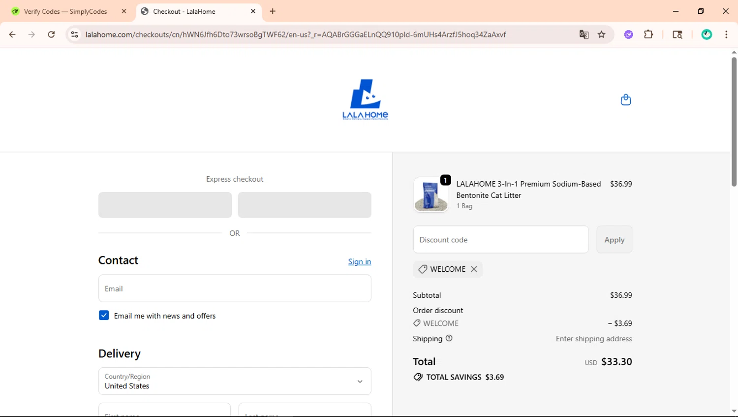 LALA HOME promo code screenshot showing code Welcome applied at LALA HOME checkout page. Uploaded by SimplyCodes community member ShieldLegend9691 on Dec 11, 2025
