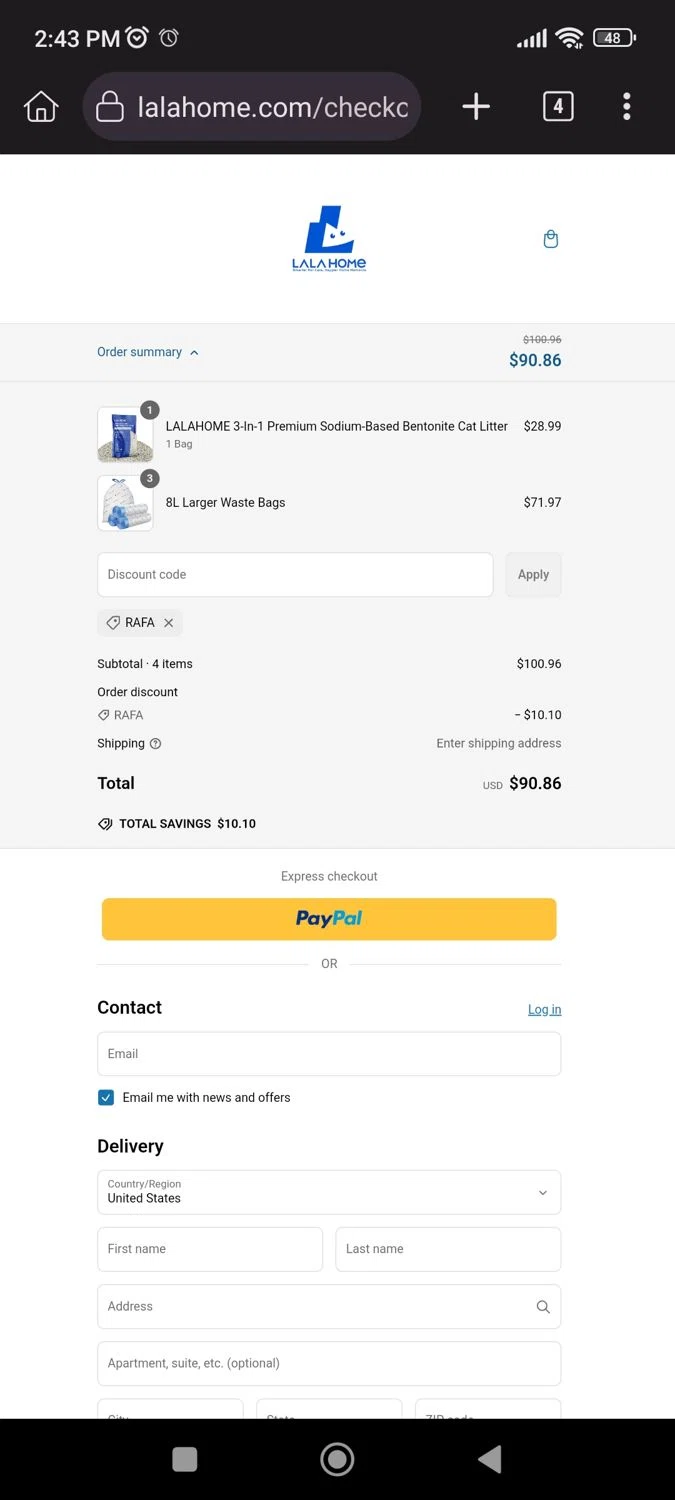 LALA HOME promo code screenshot showing code RAFA applied at LALA HOME checkout page. Uploaded by SimplyCodes community member CrownLion2750 on Mar 8, 2025