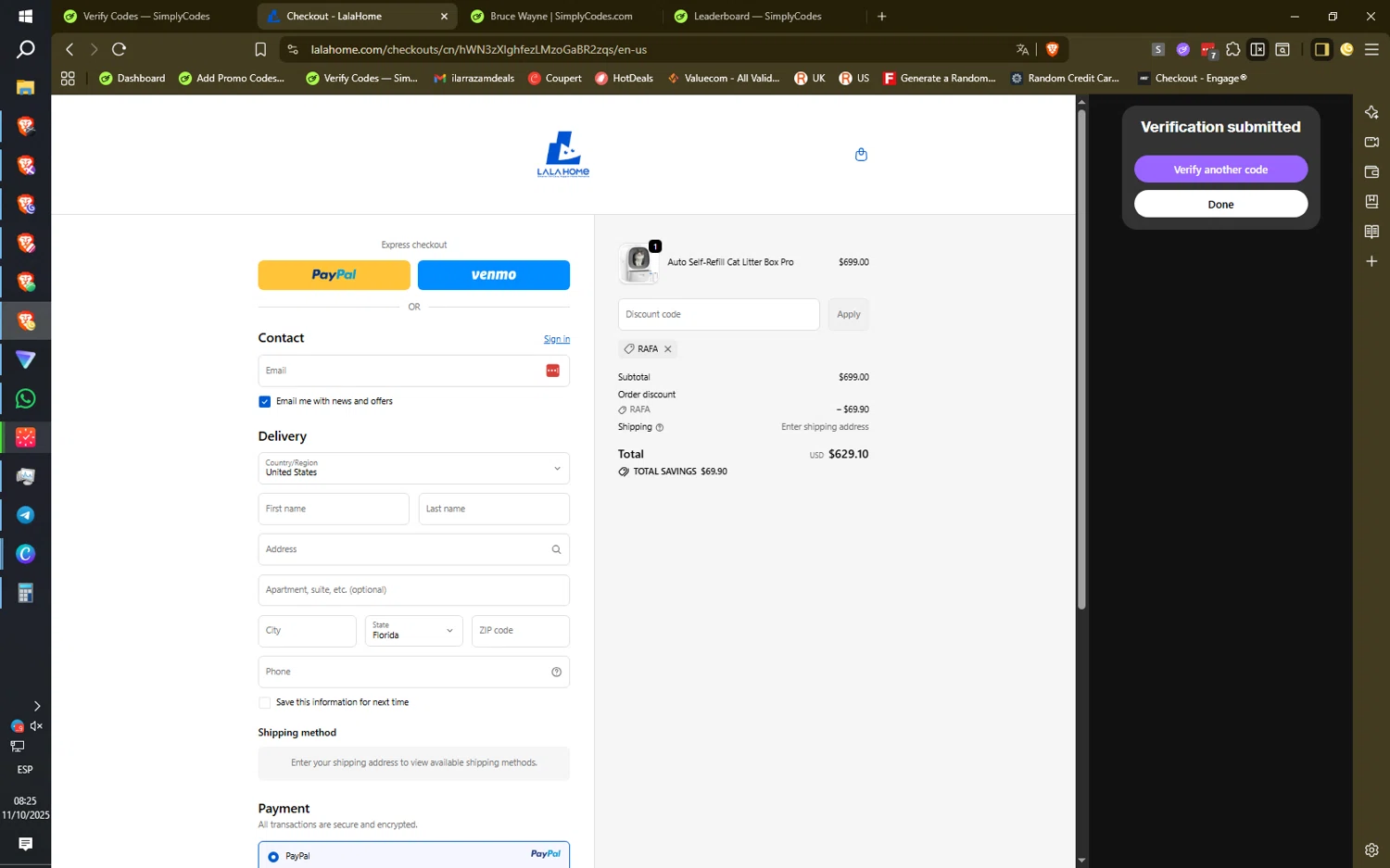 LALA HOME promo code screenshot showing code RAFA applied at LALA HOME checkout page. Uploaded by SimplyCodes community member HiddenPulse7619 on Oct 11, 2025