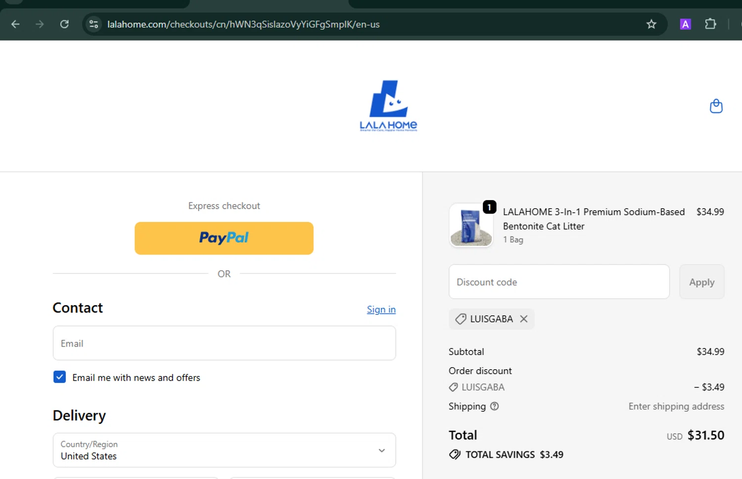 LALA HOME promo code screenshot showing code LUISGABA applied at LALA HOME checkout page. Uploaded by SimplyCodes community member MARCVH on Oct 7, 2025