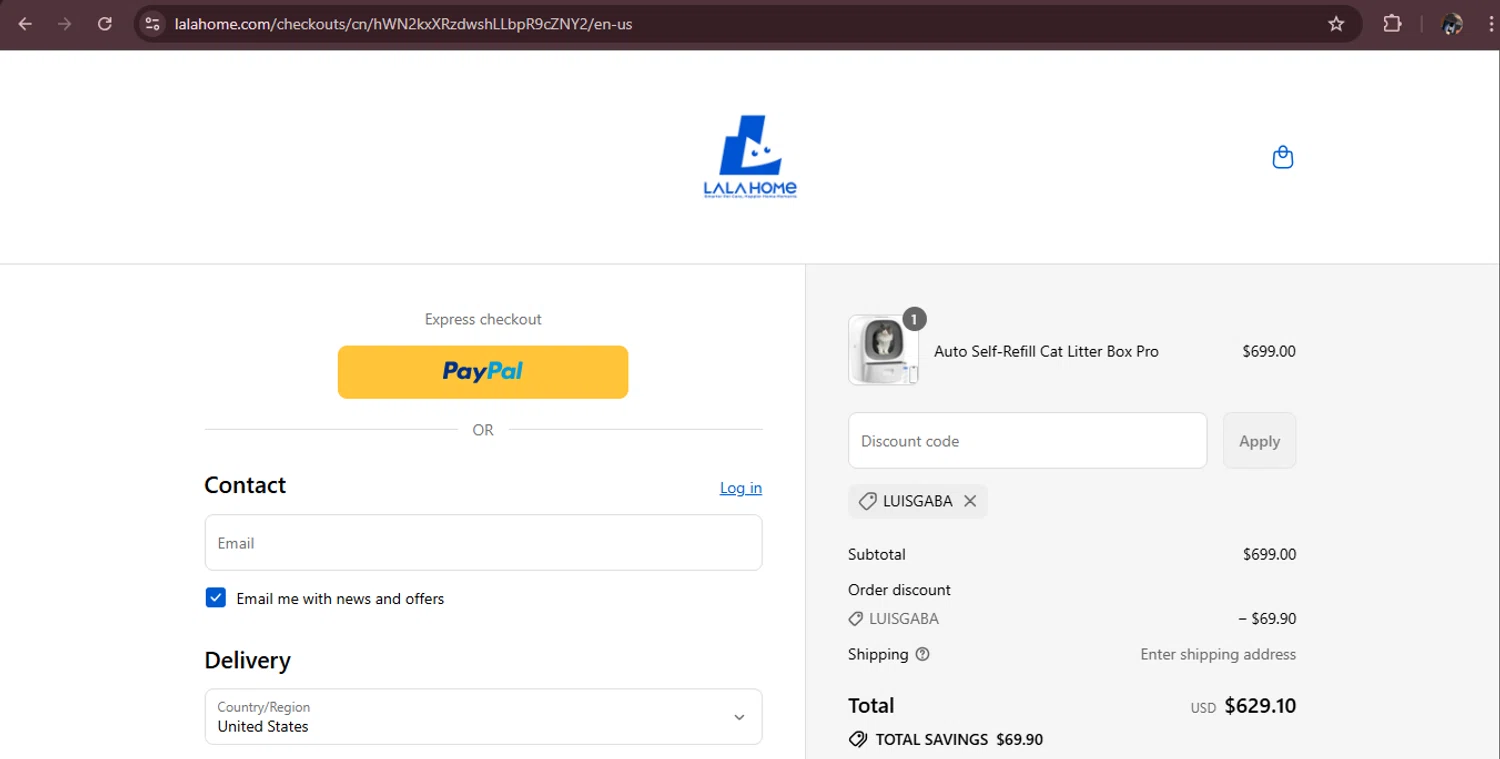 LALA HOME promo code screenshot showing code LUISGABA applied at LALA HOME checkout page. Uploaded by SimplyCodes community member MagnificentAdmiral9096 on Sep 8, 2025