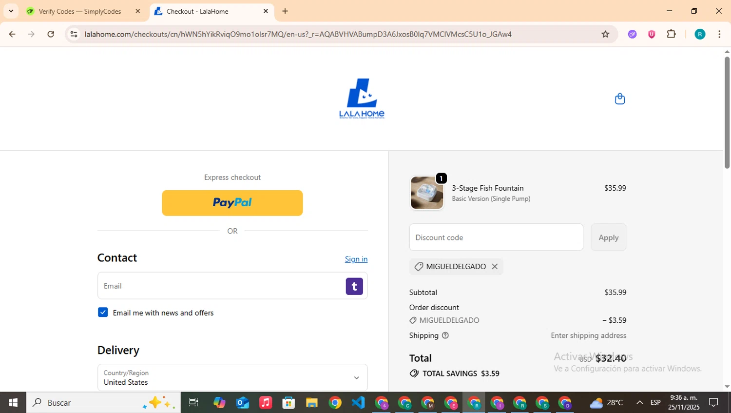 LALA HOME promo code screenshot showing code MIGUELDELGADO applied at LALA HOME checkout page. Uploaded by SimplyCodes community member BudgetHero4407 on Nov 25, 2025