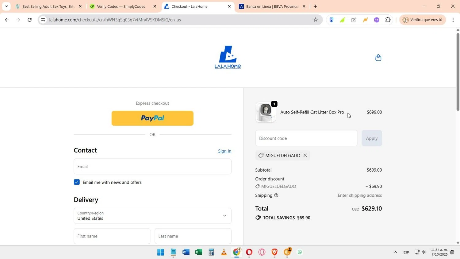 LALA HOME promo code screenshot showing code MIGUELDELGADO applied at LALA HOME checkout page. Uploaded by SimplyCodes community member Elimix on Oct 7, 2025