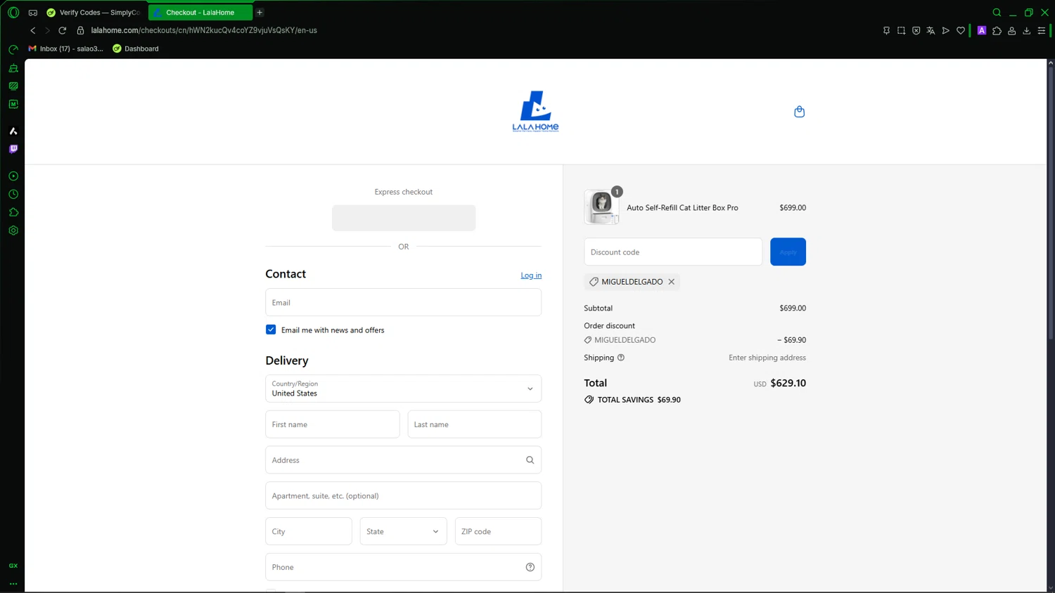 LALA HOME promo code screenshot showing code MIGUELDELGADO applied at LALA HOME checkout page. Uploaded by SimplyCodes community member LegendaryCaptain2435 on Sep 8, 2025