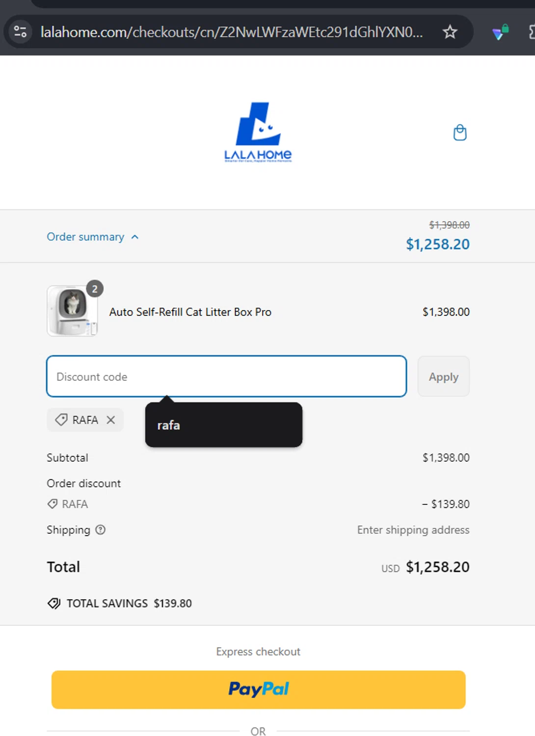 LALA HOME promo code screenshot showing code RAFA applied at LALA HOME checkout page. Uploaded by SimplyCodes community member RafaLB on Mar 8, 2025