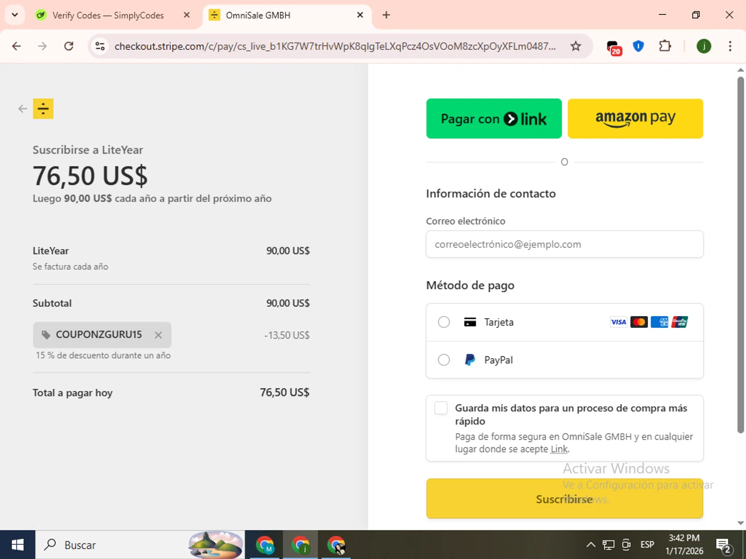 LALAL.AI promo code screenshot showing code COUPONZGURU15 applied at LALAL.AI checkout page. Uploaded by SimplyCodes community member SavingsCollector2592 on Jan 17, 2026