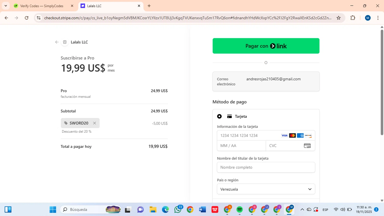 Lalals promo code screenshot showing code SWORD20 applied at Lalals checkout page. Uploaded by SimplyCodes community member BrilliantLion8135 on Nov 19, 2025