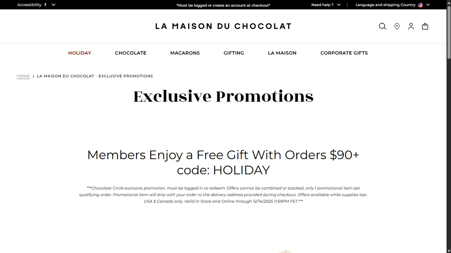 La Maison du Chocolat promo code screenshot showing code HOLIDAY applied at La Maison du Chocolat checkout page. Uploaded by SimplyCodes community member ______________ on Dec 9, 2025