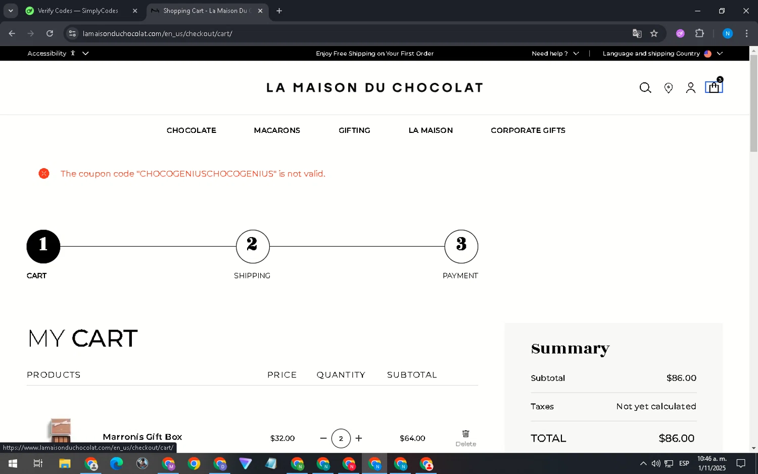 La Maison du Chocolat checkout page showing La Maison du Chocolat promo code box | Screenshot taken by SimplyCodes community member on Nov 1, 2025