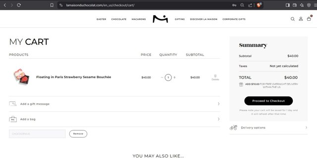La Maison du Chocolat checkout page showing La Maison du Chocolat promo code box | Screenshot taken by SimplyCodes community member on Mar 24, 2025