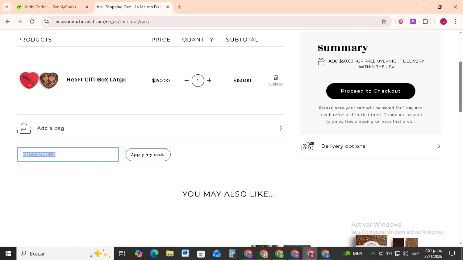 La Maison du Chocolat promo code screenshot showing code CHOCOGENIUS applied at La Maison du Chocolat checkout page. Uploaded by SimplyCodes community member FrugalMonarch7277 on Jan 27, 2026