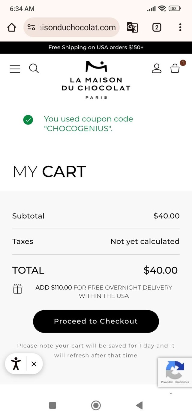 La Maison du Chocolat checkout page showing La Maison du Chocolat promo code box | Screenshot taken by SimplyCodes community member on Apr 22, 2025