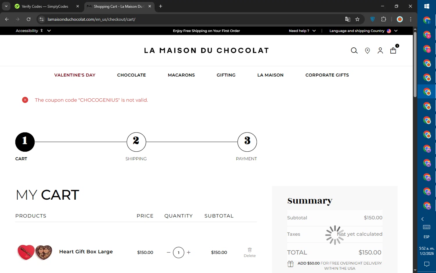 La Maison du Chocolat promo code screenshot showing code CHOCOGENIUS applied at La Maison du Chocolat checkout page. Uploaded by SimplyCodes community member SalePhoenix823 on Feb 1, 2026