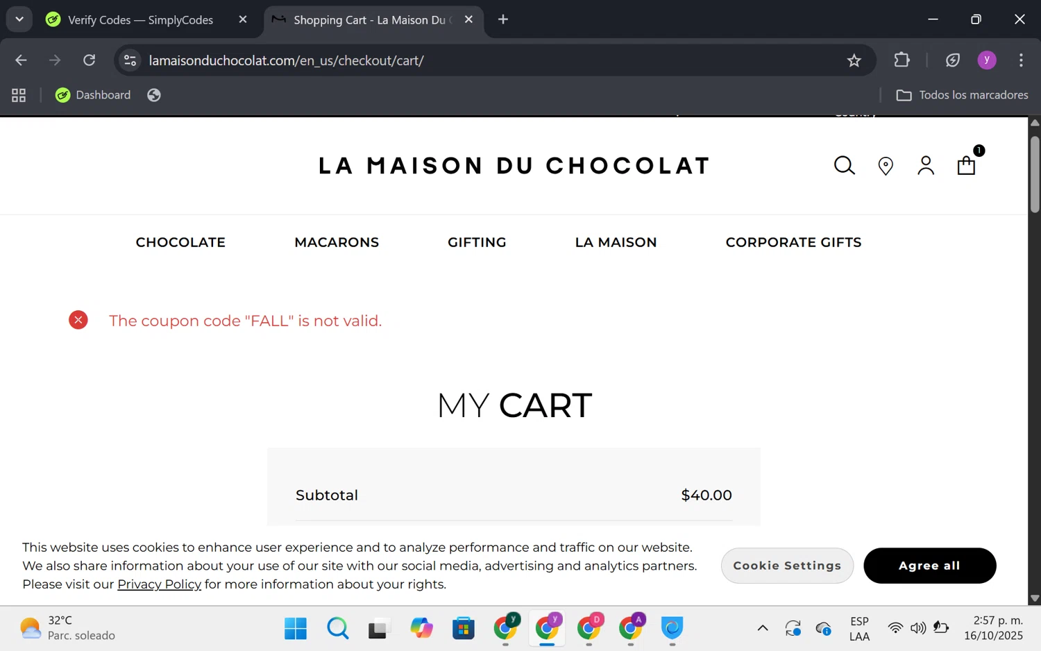 La Maison du Chocolat promo code screenshot showing code FALL applied at La Maison du Chocolat checkout page. Uploaded by SimplyCodes community member FrugalKnight6753 on Oct 16, 2025