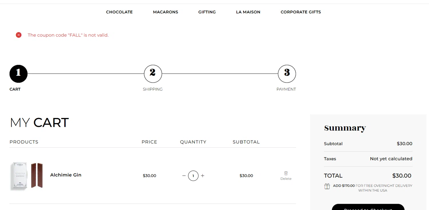 La Maison du Chocolat promo code screenshot showing code FALL applied at La Maison du Chocolat checkout page. Uploaded by SimplyCodes community member jenifferalvarez on Oct 16, 2025