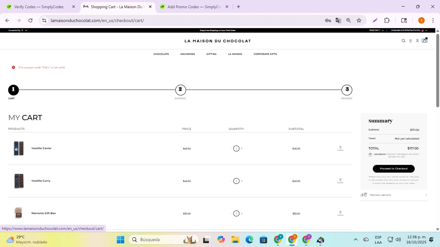 La Maison du Chocolat promo code screenshot showing code FALL applied at La Maison du Chocolat checkout page. Uploaded by SimplyCodes community member ycg487 on Oct 16, 2025