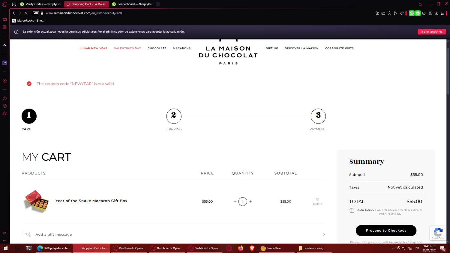 La Maison du Chocolat promo code screenshot showing code NEWYEAR applied at La Maison du Chocolat checkout page. Uploaded by SimplyCodes community member ALCUPONE on Jan 20, 2025