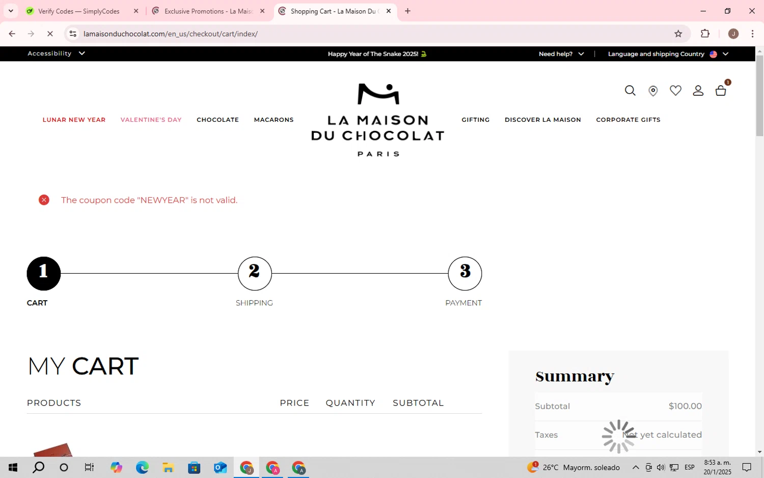 La Maison du Chocolat promo code screenshot showing code NEWYEAR applied at La Maison du Chocolat checkout page. Uploaded by SimplyCodes community member CrownChaser949 on Jan 20, 2025
