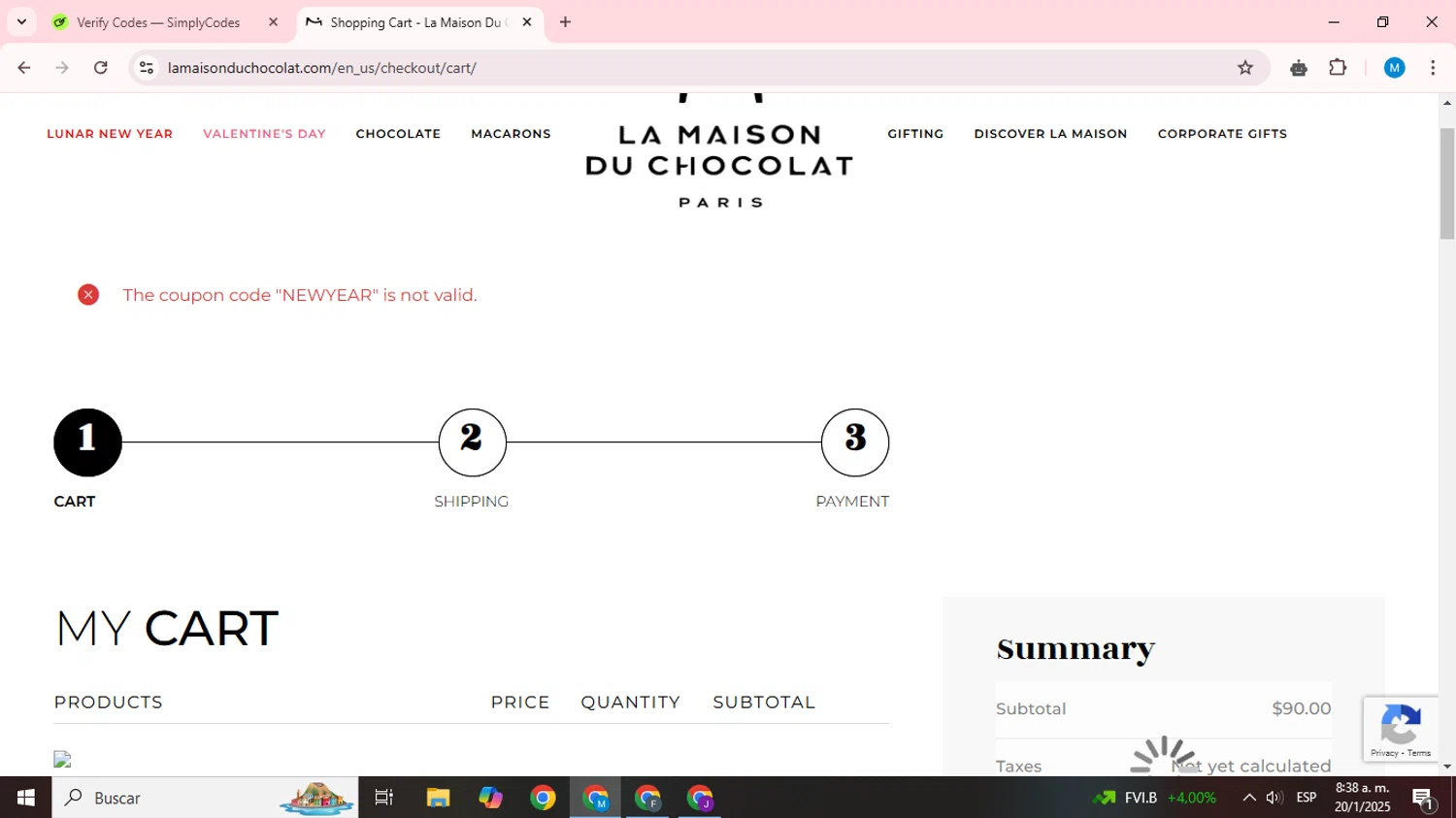 La Maison du Chocolat promo code screenshot showing code NEWYEAR applied at La Maison du Chocolat checkout page. Uploaded by SimplyCodes community member LegendaryCurator1585 on Jan 20, 2025