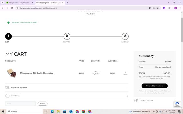 La Maison du Chocolat checkout page showing La Maison du Chocolat promo code box | Screenshot taken by SimplyCodes community member on Feb 11, 2025