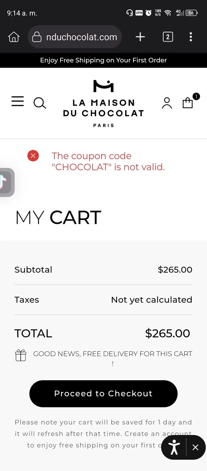 La Maison du Chocolat promo code screenshot showing code CHOCOLAT applied at La Maison du Chocolat checkout page. Uploaded by SimplyCodes community member Diego_Soto on Jan 4, 2026