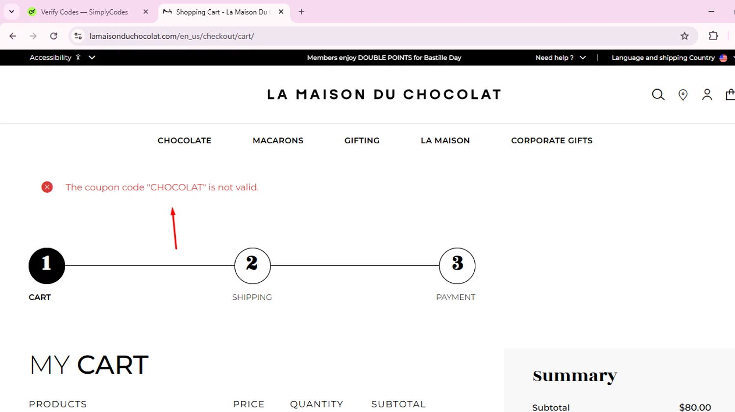 La Maison du Chocolat promo code screenshot showing code CHOCOLAT applied at La Maison du Chocolat checkout page. Uploaded by SimplyCodes community member EnmanuelEDITOR on Jul 16, 2025