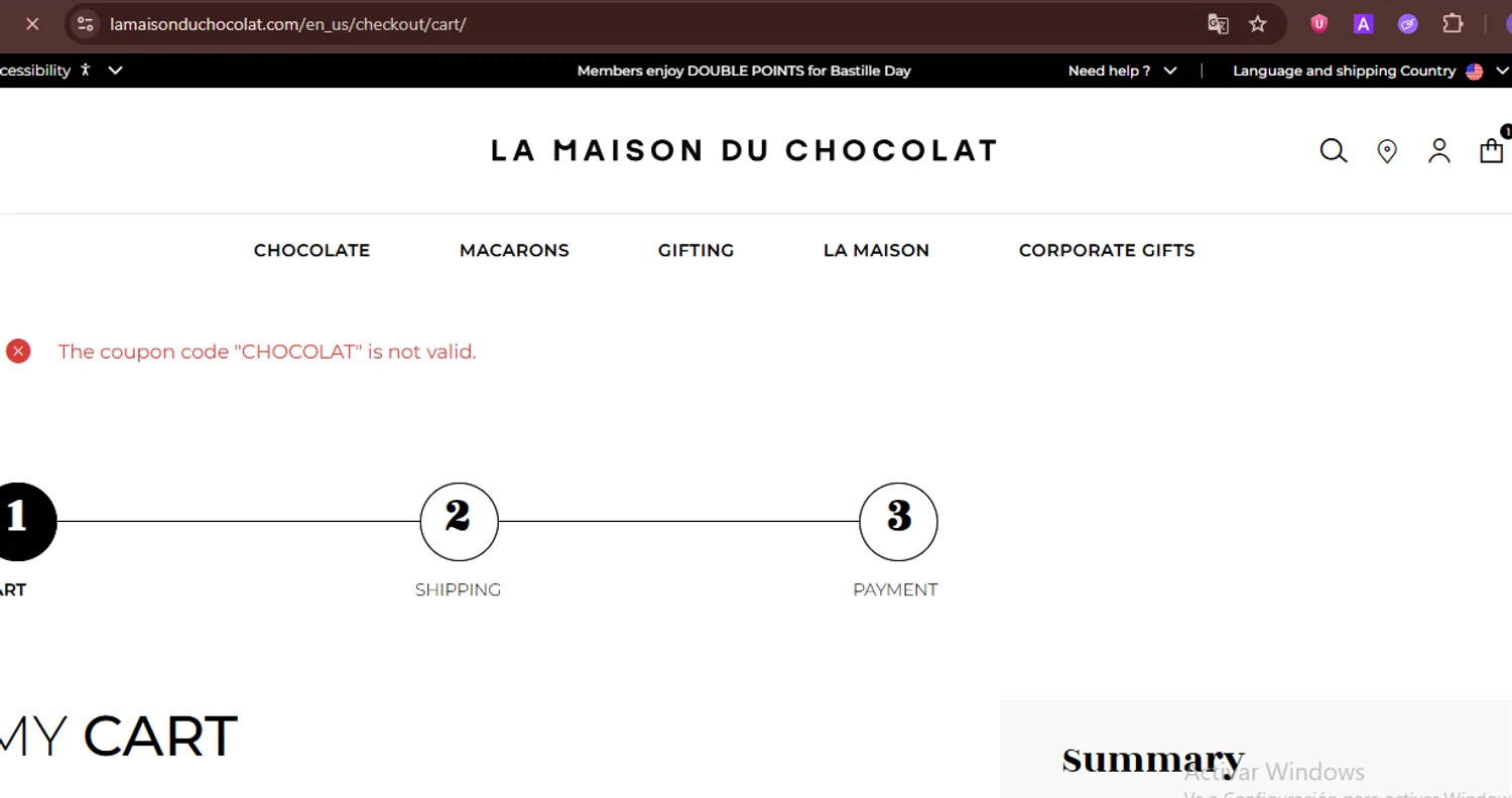 La Maison du Chocolat promo code screenshot showing code CHOCOLAT applied at La Maison du Chocolat checkout page. Uploaded by SimplyCodes community member FortunateDefender3676 on Jul 16, 2025