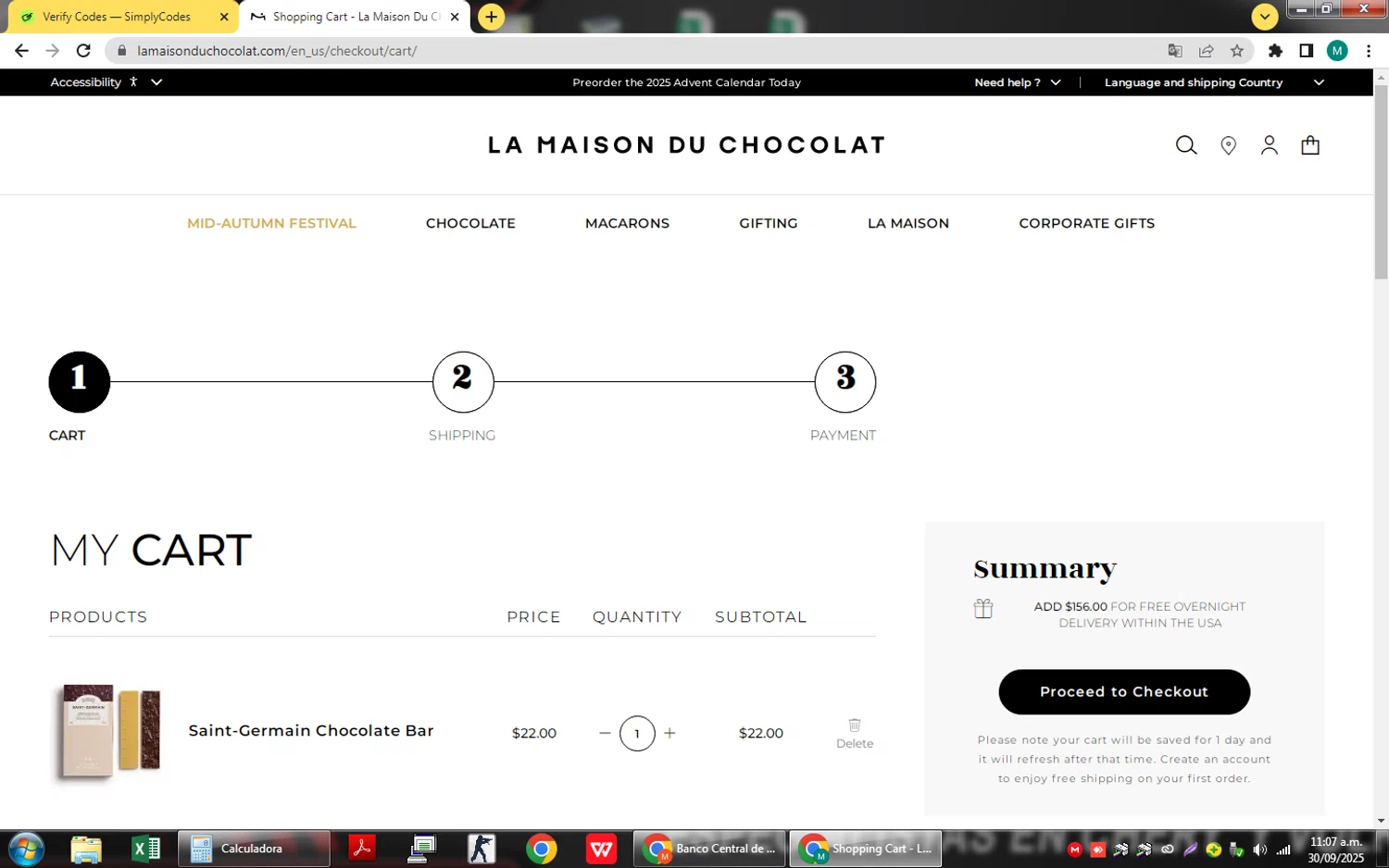 La Maison du Chocolat checkout page showing La Maison du Chocolat promo code box | Screenshot taken by SimplyCodes community member on Sep 30, 2025