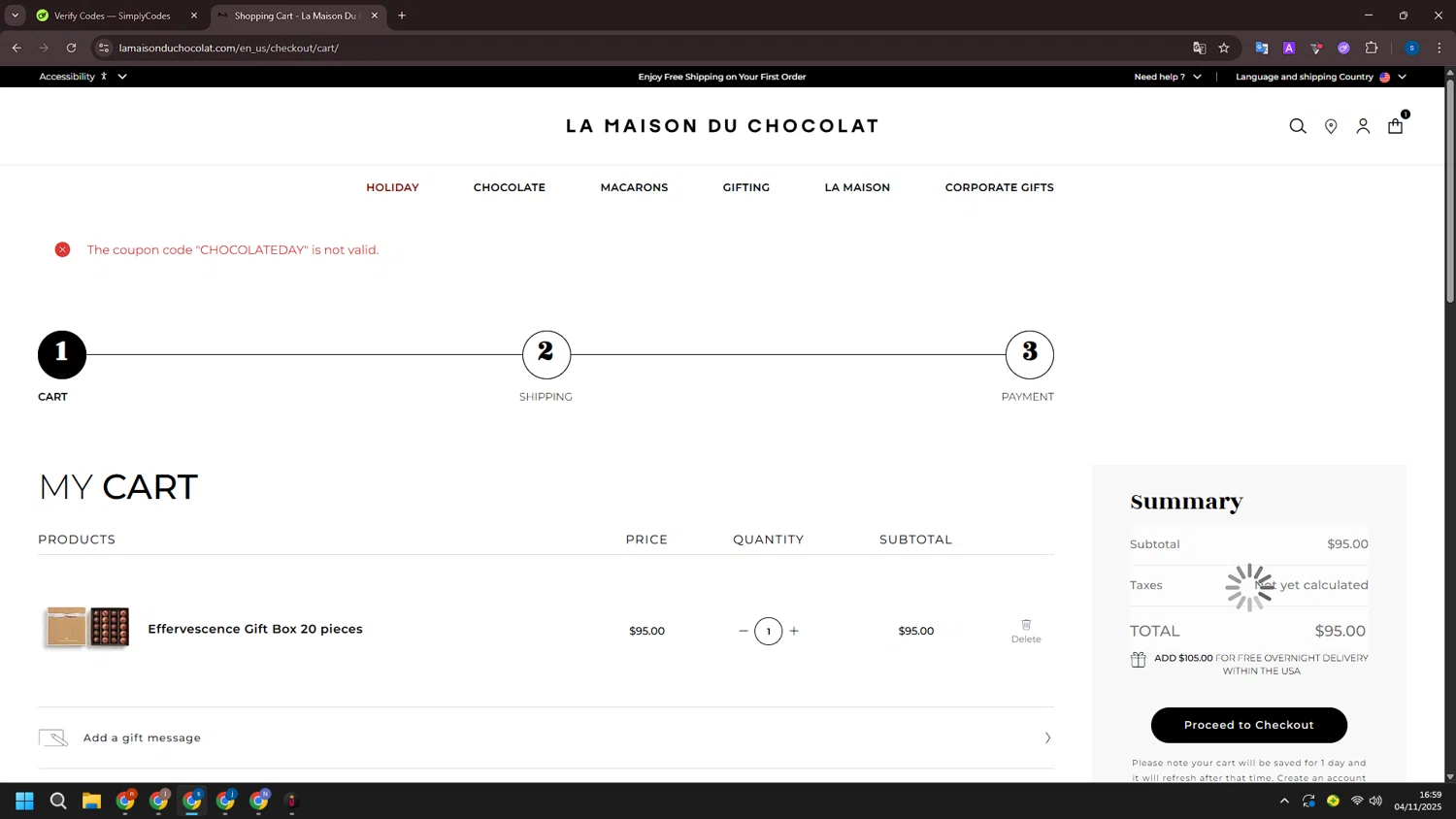 La Maison du Chocolat promo code screenshot showing code CHOCOLATEDAY applied at La Maison du Chocolat checkout page. Uploaded by SimplyCodes community member ExtraordinarySleuth4345 on Nov 4, 2025