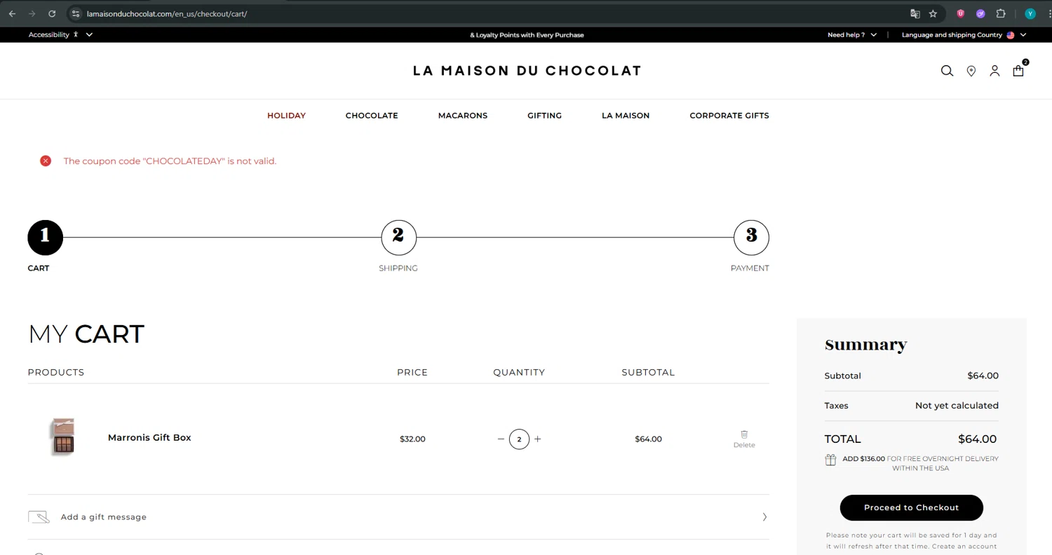 La Maison du Chocolat promo code screenshot showing code CHOCOLATEDAY applied at La Maison du Chocolat checkout page. Uploaded by SimplyCodes community member ValueTiger695 on Nov 4, 2025