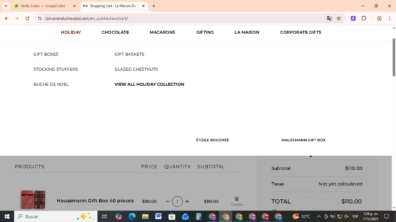 La Maison du Chocolat promo code screenshot showing code CYBER applied at La Maison du Chocolat checkout page. Uploaded by SimplyCodes community member RebateCollector5909 on Dec 7, 2025