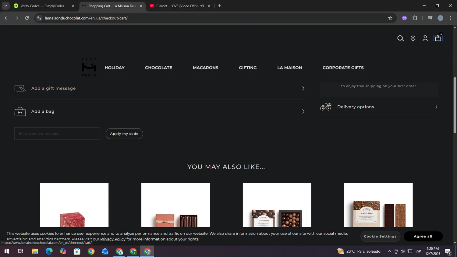 La Maison du Chocolat promo code screenshot showing code CYBER applied at La Maison du Chocolat checkout page. Uploaded by SimplyCodes community member USERR1 on Dec 7, 2025