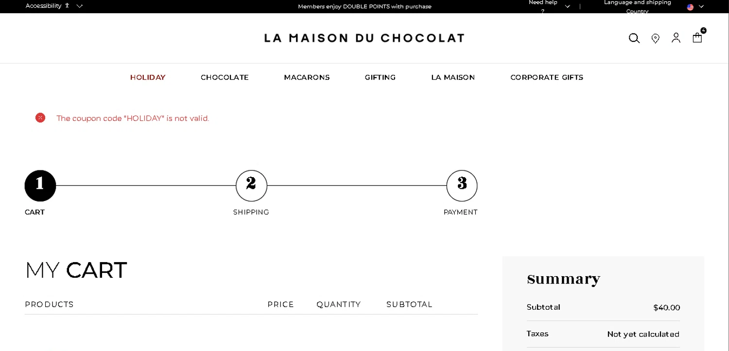 La Maison du Chocolat promo code screenshot showing code HOLIDAY applied at La Maison du Chocolat checkout page. Uploaded by SimplyCodes community member CrownAce9258 on Dec 18, 2025