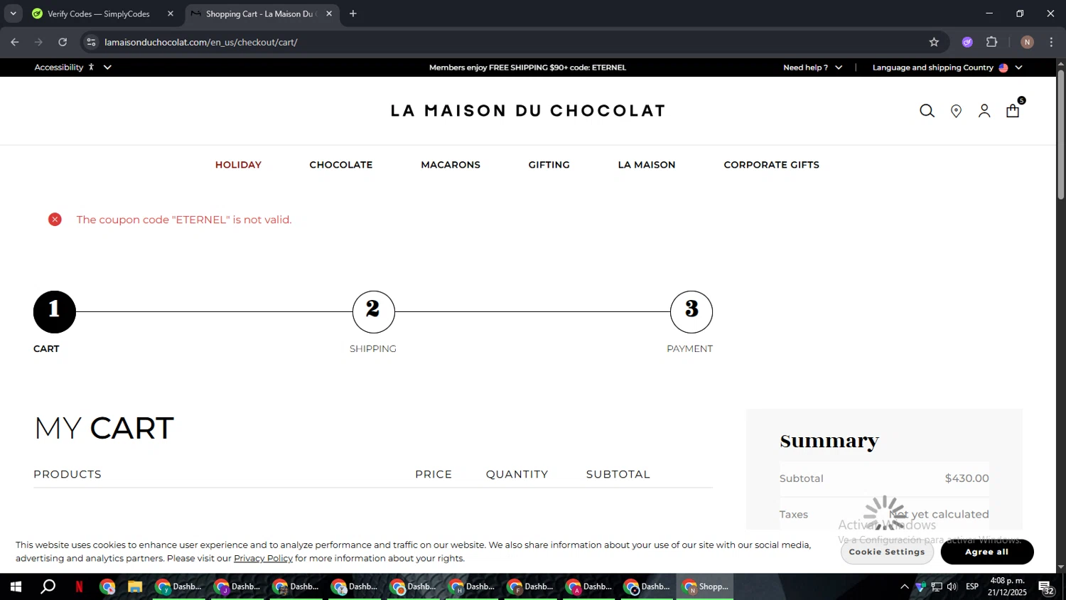 La Maison du Chocolat promo code screenshot showing code ETERNEL applied at La Maison du Chocolat checkout page. Uploaded by SimplyCodes community member DiscountPioneer2554 on Dec 21, 2025