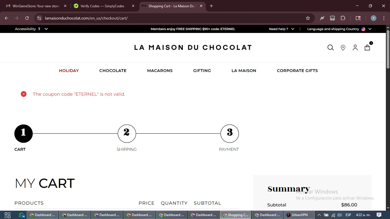 La Maison du Chocolat promo code screenshot showing code ETERNEL applied at La Maison du Chocolat checkout page. Uploaded by SimplyCodes community member MoneyTiger5162 on Dec 22, 2025