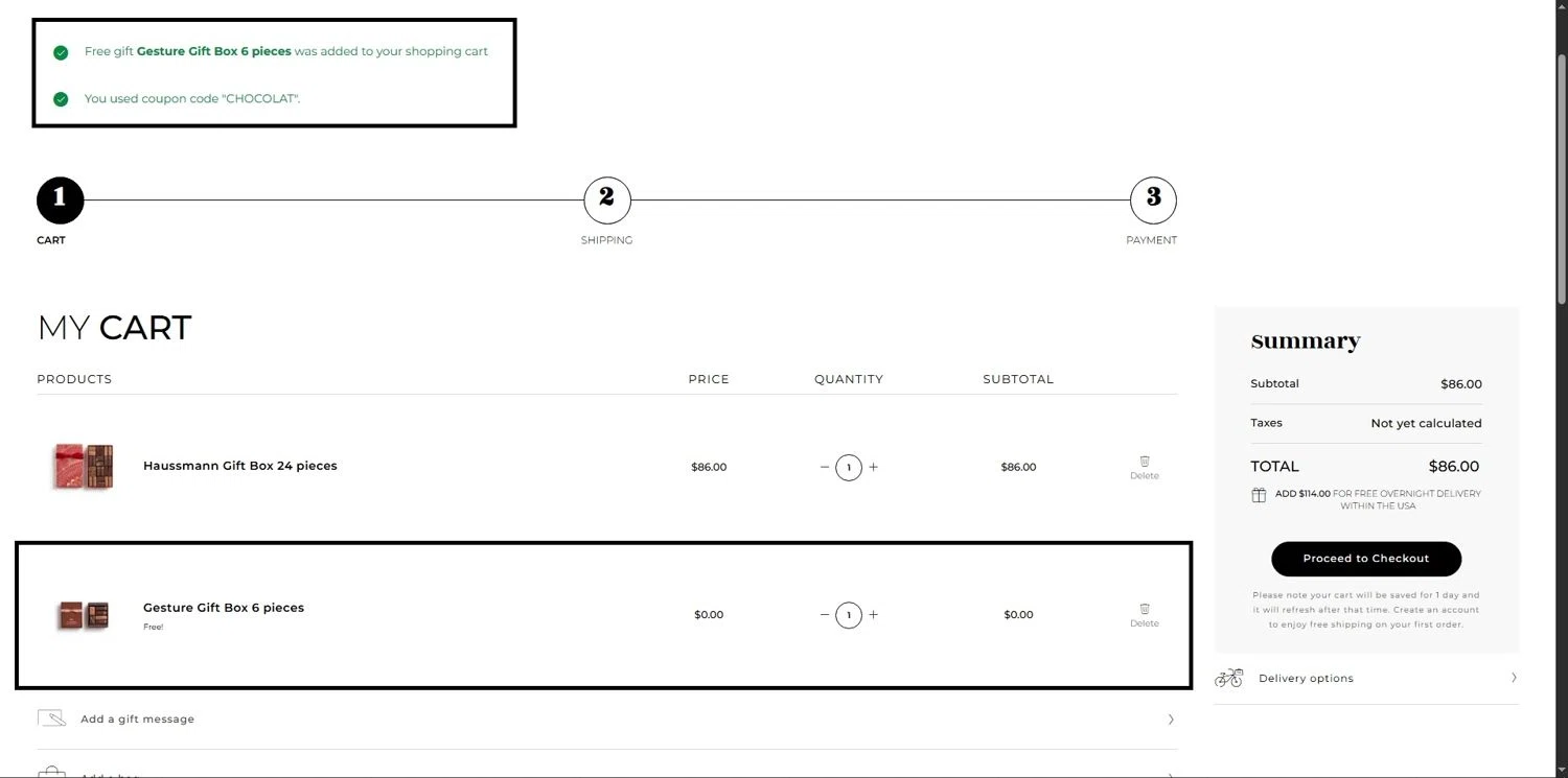 La Maison du Chocolat promo code screenshot showing code CHOCOLAT applied at La Maison du Chocolat checkout page. Uploaded by SimplyCodes community member Depressive on Dec 20, 2025