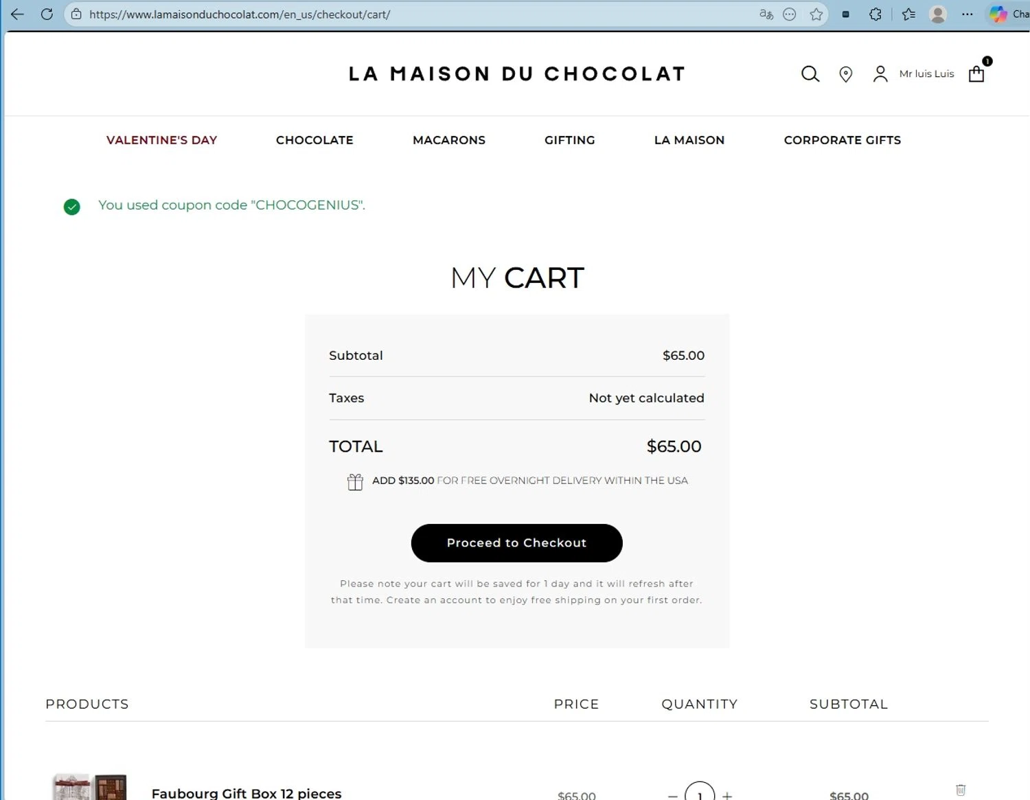 La Maison du Chocolat promo code screenshot showing code CHOCOGENIUS applied at La Maison du Chocolat checkout page. Uploaded by SimplyCodes community member Mdeoca on Jan 27, 2026