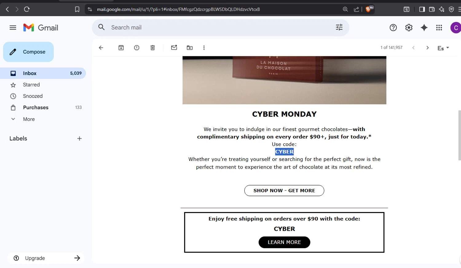 La Maison du Chocolat promo code screenshot showing code CYBER applied at La Maison du Chocolat checkout page. Uploaded by SimplyCodes community member crischidy25 on Dec 1, 2025