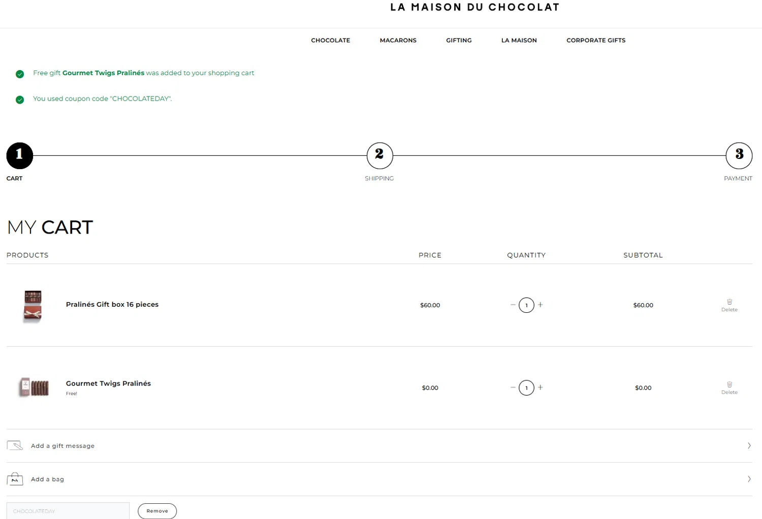 La Maison du Chocolat promo code screenshot showing code CHOCOLATEDAY applied at La Maison du Chocolat checkout page. Uploaded by SimplyCodes community member jesspea on Oct 24, 2025
