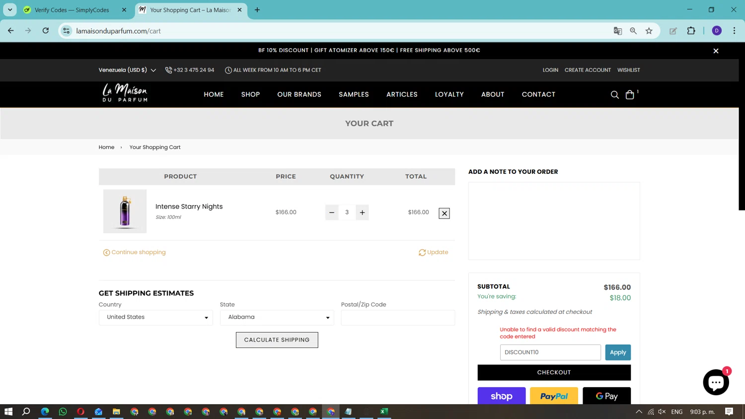 La Maison Du Parfum discount code screenshot showing code DISCOUNT10 applied at La Maison Du Parfum checkout page. Uploaded by SimplyCodes community member Fundolaroca on Nov 27, 2025