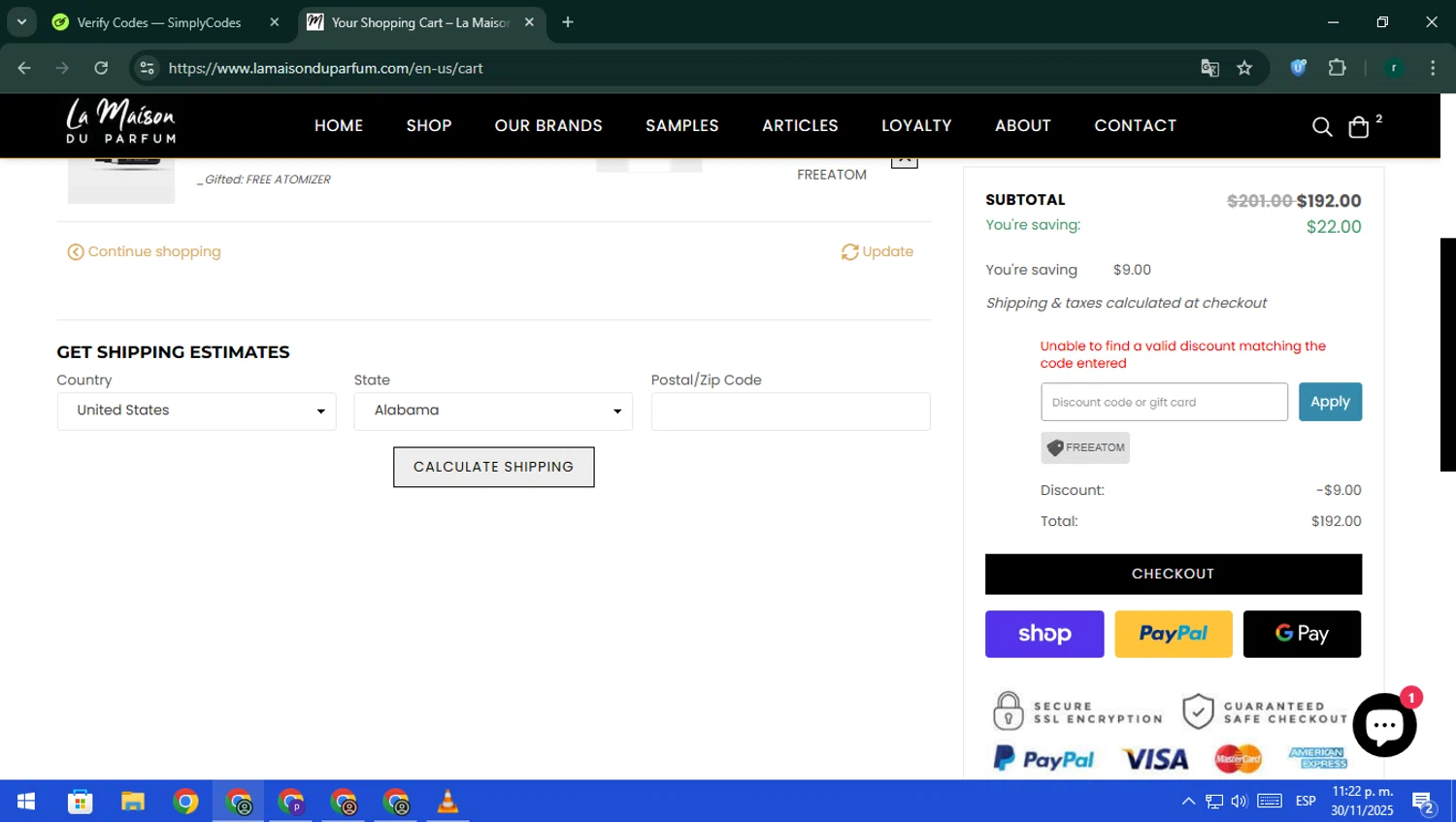La Maison Du Parfum discount code screenshot showing code HELLO5 applied at La Maison Du Parfum checkout page. Uploaded by SimplyCodes community member rodri1 on Dec 1, 2025