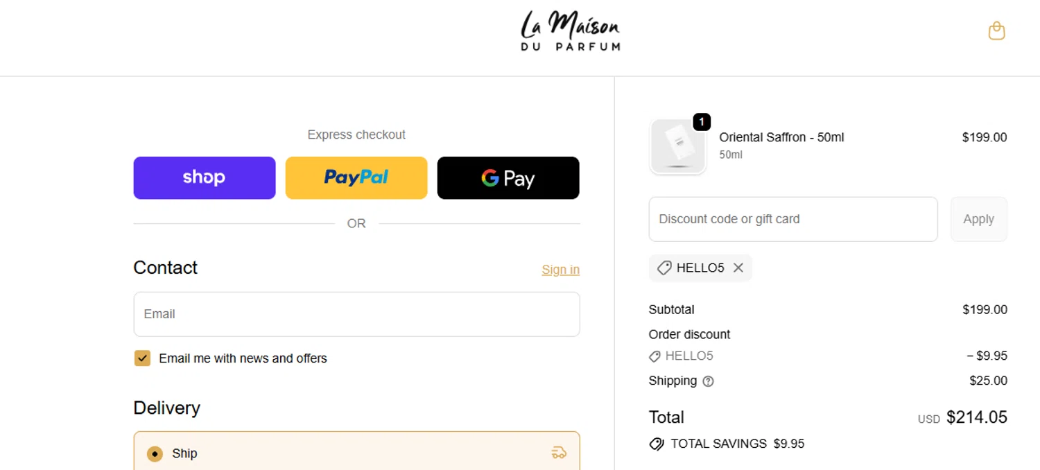 La Maison Du Parfum discount code screenshot showing code HELLO5 applied at La Maison Du Parfum checkout page. Uploaded by SimplyCodes community member Olorinnnnn on Dec 25, 2025